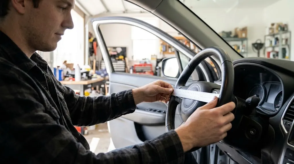 Person avoiding measurement mistakes on a car steering wheel.