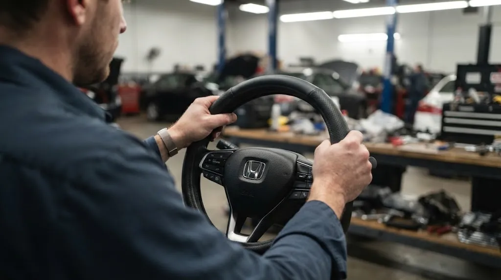 Hands installing a rubber-core steering wheel cover on a vehicle rim.