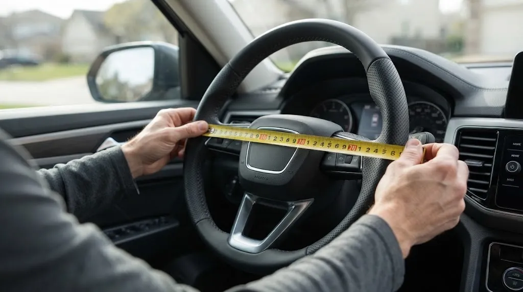 Measuring tape stretched across the center of an SUV steering wheel.
