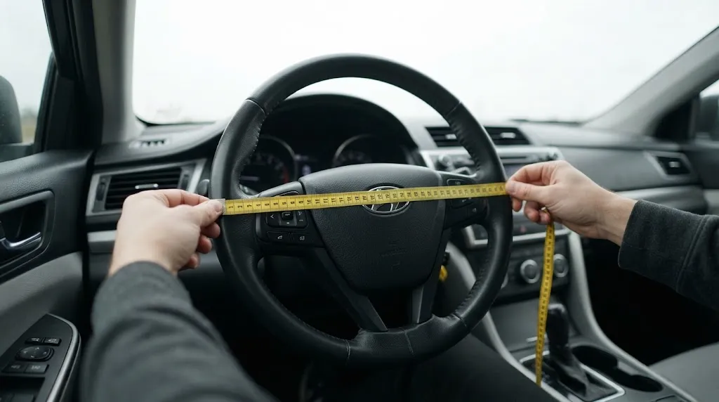 Person measuring small steering wheel diameter with a rigid tape measure.