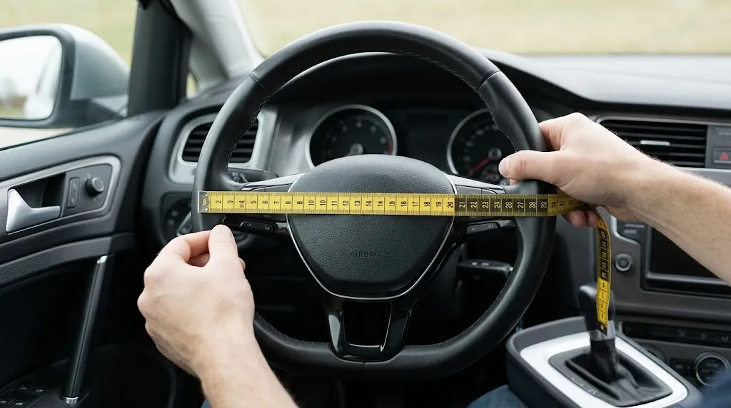Person measuring the outer diameter of a flat-bottom steering wheel with tape.