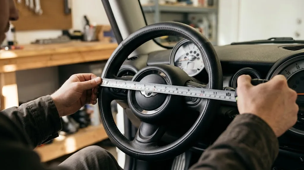 Step-by-step installation of a tight steering wheel cover on a small wheel.