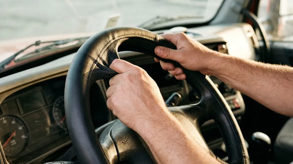 Person installing a tight steering wheel cover onto a truck steering wheel.