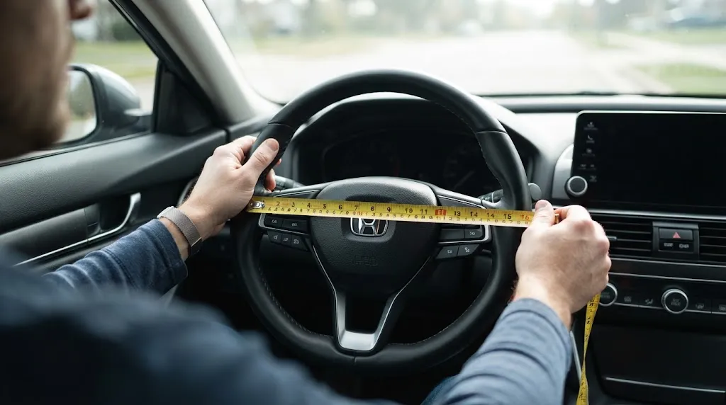 Measuring the diameter of a car steering wheel with a tape measure.