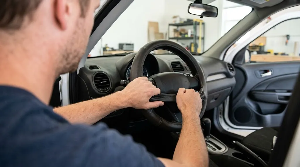 Measuring car steering wheel diameter with a tape measure for cover fitting.