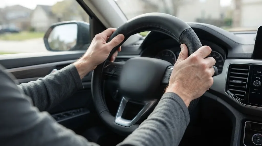 Person installing a steering wheel cover onto an SUV steering wheel.