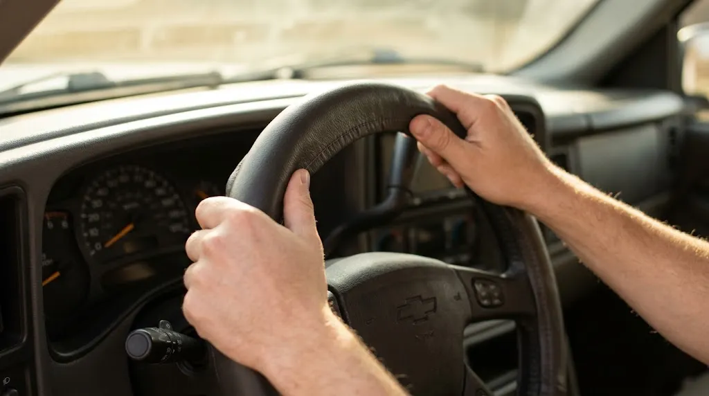 Hands installing a tight steering wheel cover starting from the top rim.