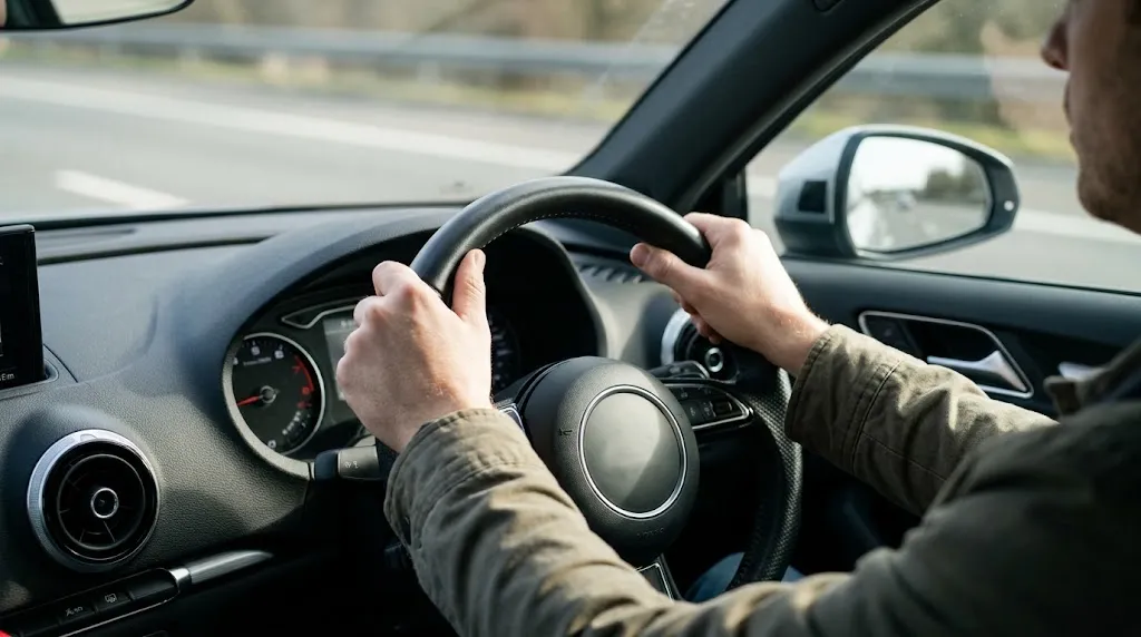 Close-up of driver hands maintaining safe secure grip on a properly fitted steering wheel.