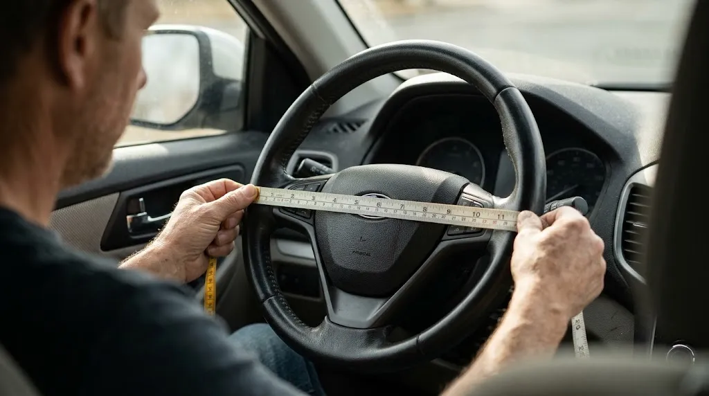 Driver measuring steering wheel outer diameter with a tape measure.