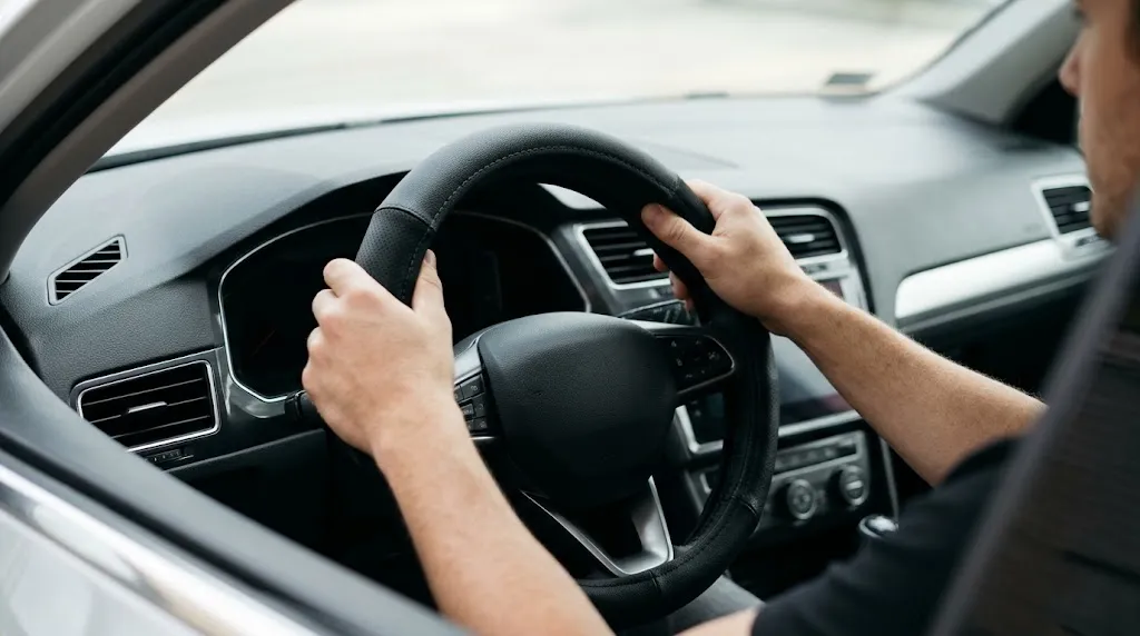 Hands installing a pre-formed slip-on cover onto a D-shaped steering wheel.
