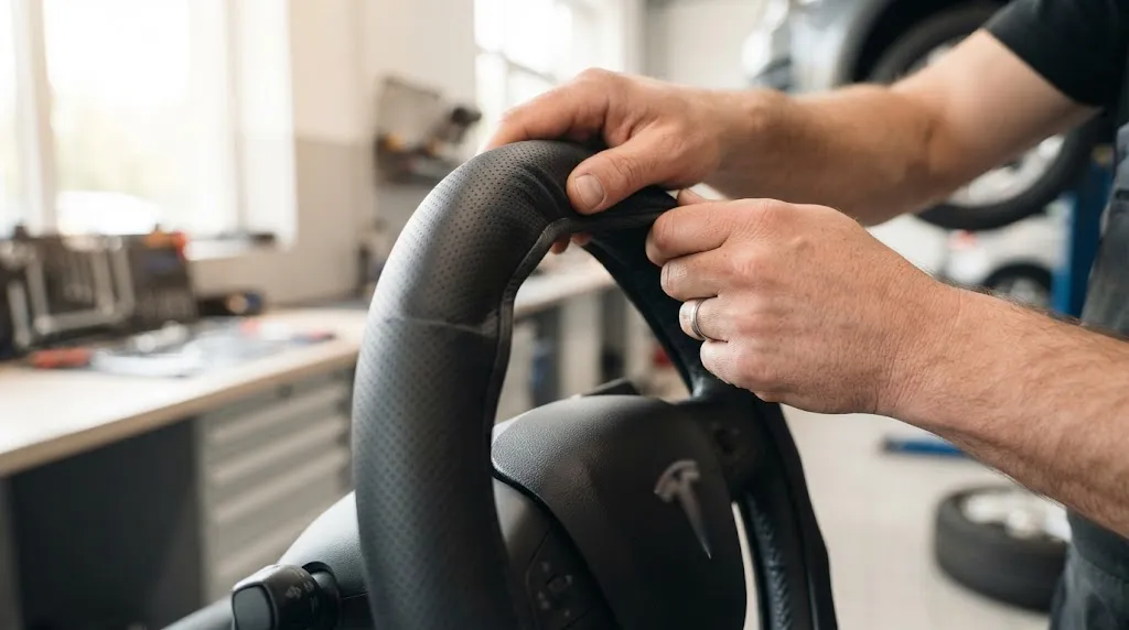 Installing a tight steering wheel cover evenly from top to bottom.