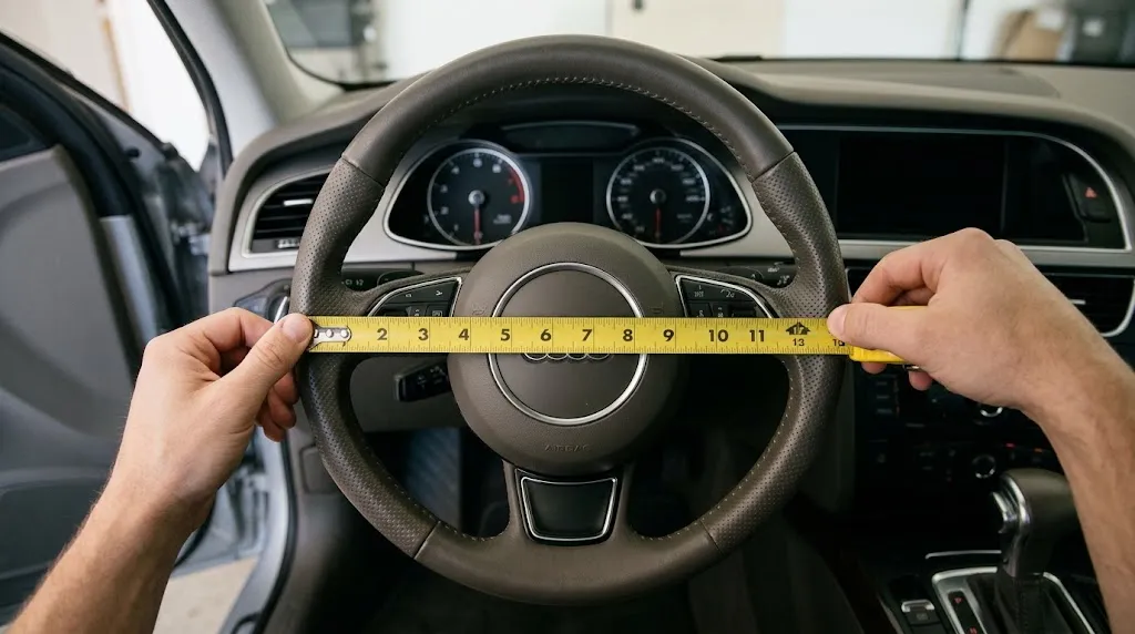 Measuring the diameter of a steering wheel with a tape measure.