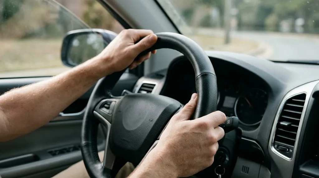 Driver's hands gripping a secure steering wheel during a turn.