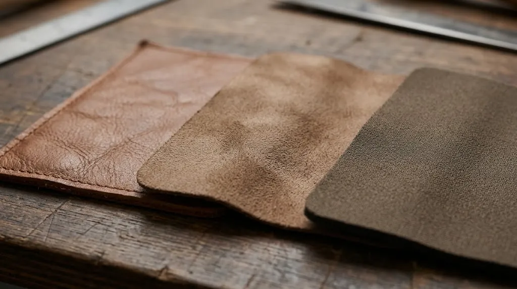 Material samples of leather, suede, and neoprene steering wheel alternatives.
