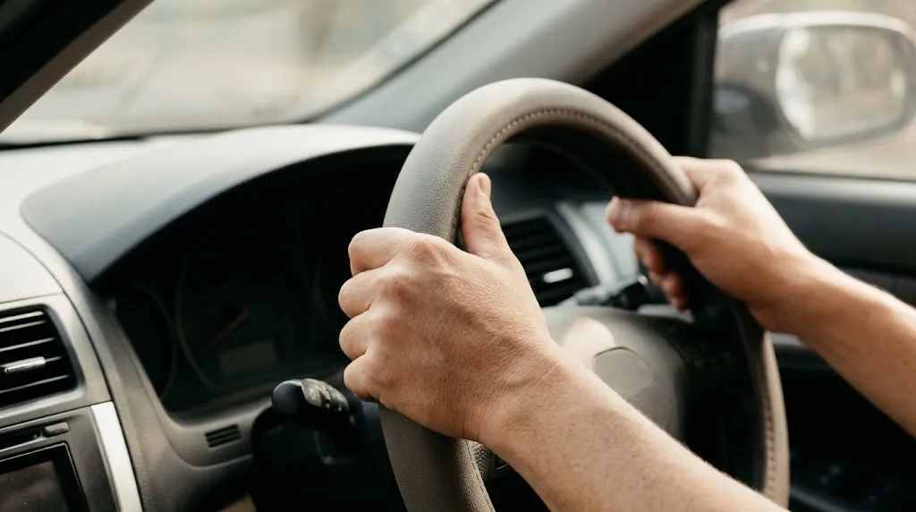 Driver holding a steering wheel with a silicone cover for improved grip.