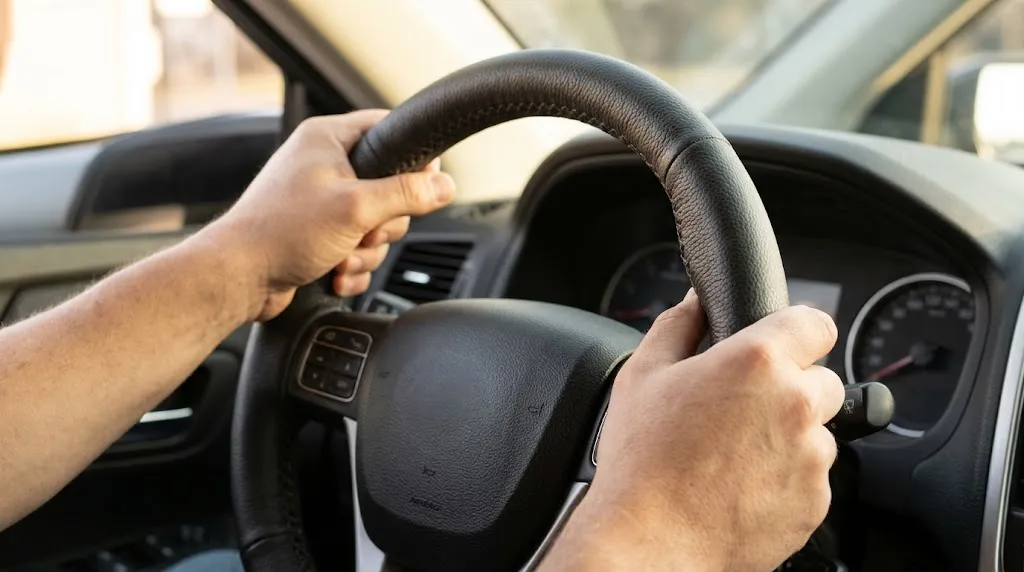 Hands testing a secure leather steering wheel cover installation for stability.
