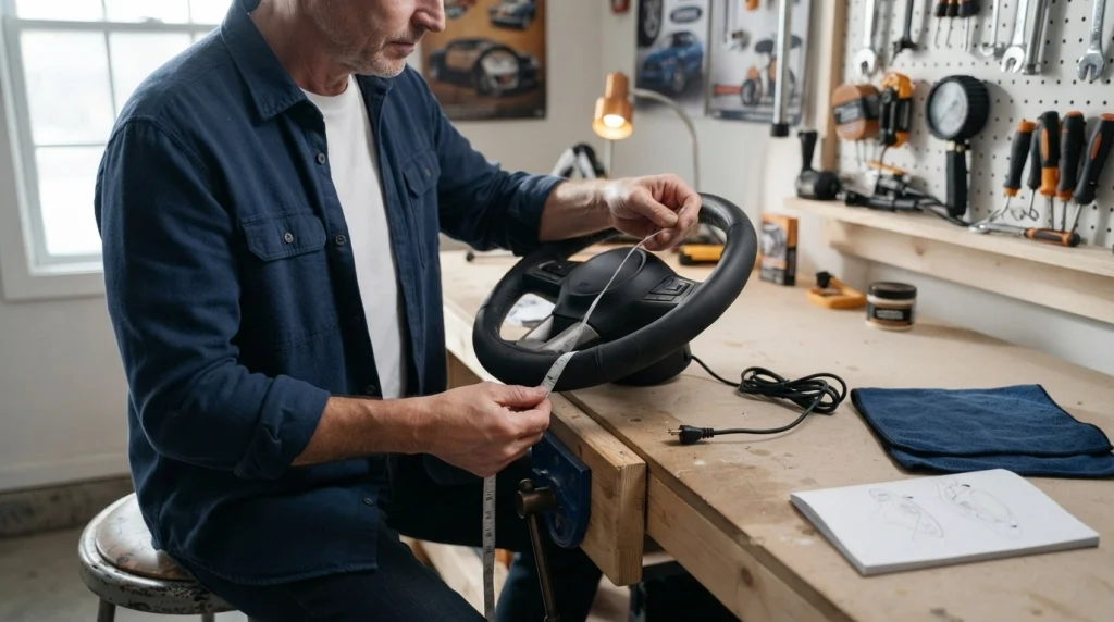 Car owner measuring a heated steering wheel cover and inspecting its disconnected power cable in a garage.