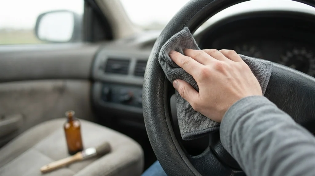 Hands wiping a leather steering wheel cover with a microfiber cloth