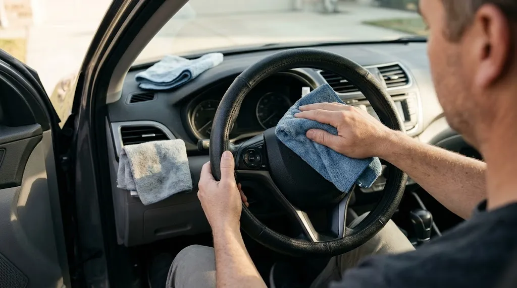 Driver gently cleaning a black steering wheel cover with a microfiber cloth.