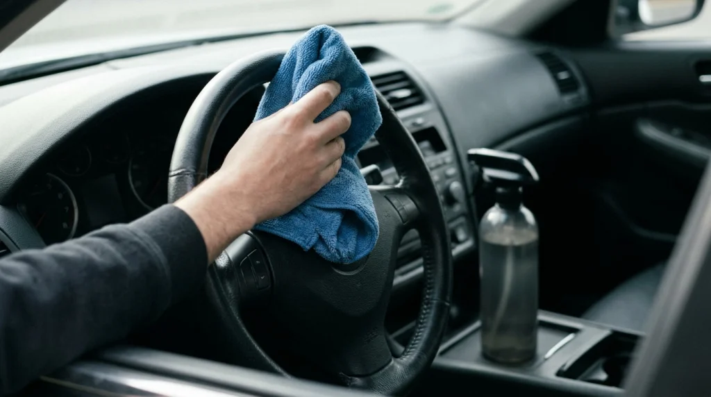 Cleaning a car steering wheel with a microfiber towel after cover removal.