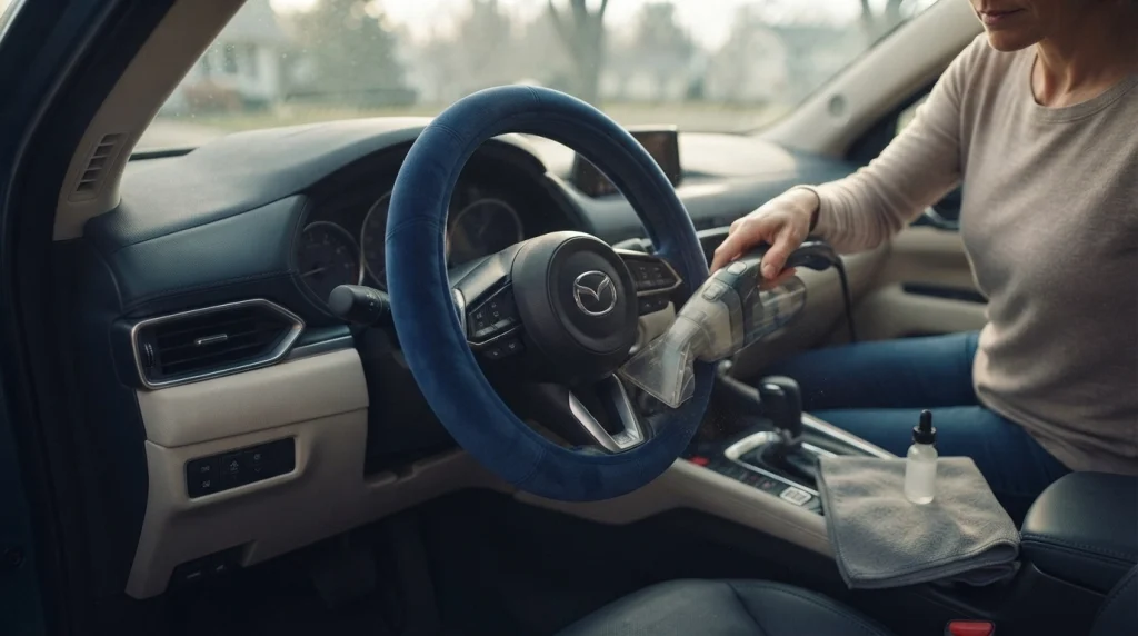 Car owner gently vacuuming a plush velvet steering wheel cover to remove dust and debris.