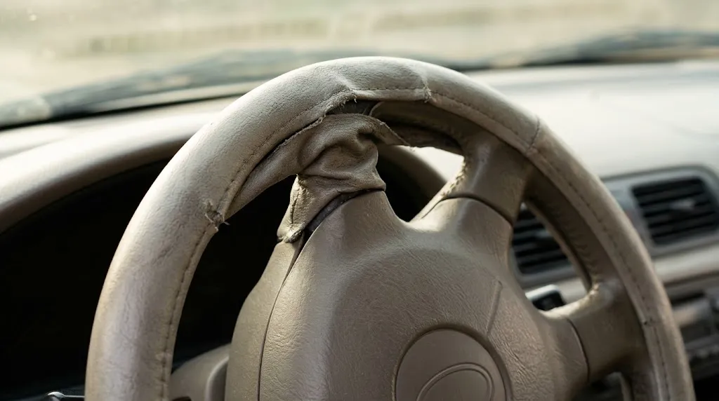 Close up of a worn and improperly fitted steering wheel cover.