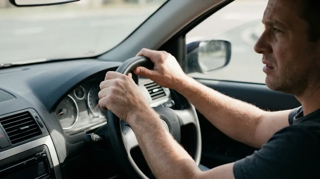 Driver experiencing hand strain on a thin steering wheel without proper padding.