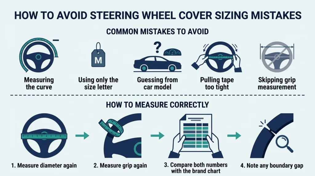 Infographic listing five steering wheel cover sizing mistakes and four steps to double-check measurements.