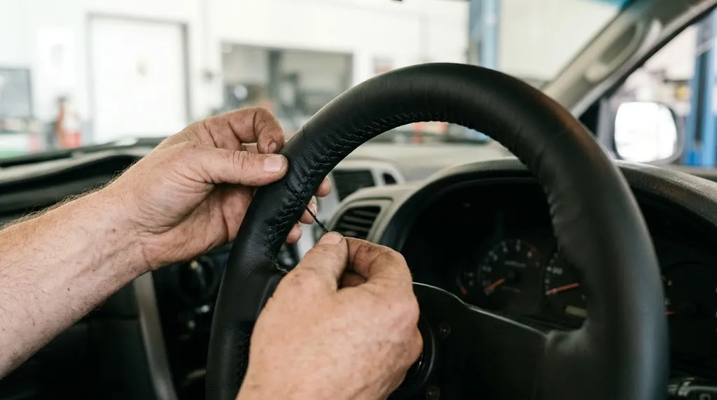 Detailed view of hands inspecting a secure steering wheel cover mount.
