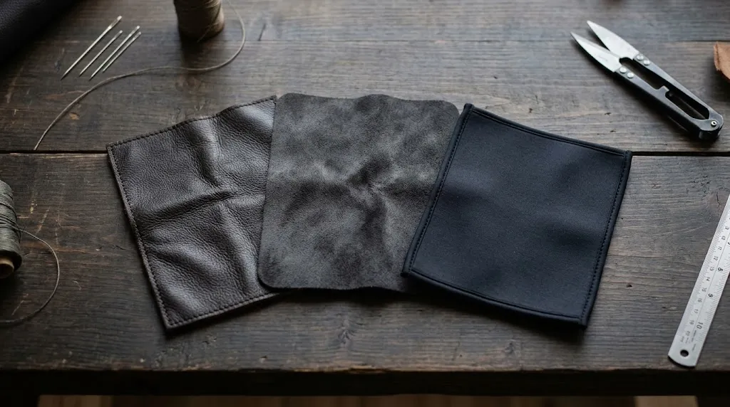 Leather, suede, and neoprene steering wheel cover material samples.
