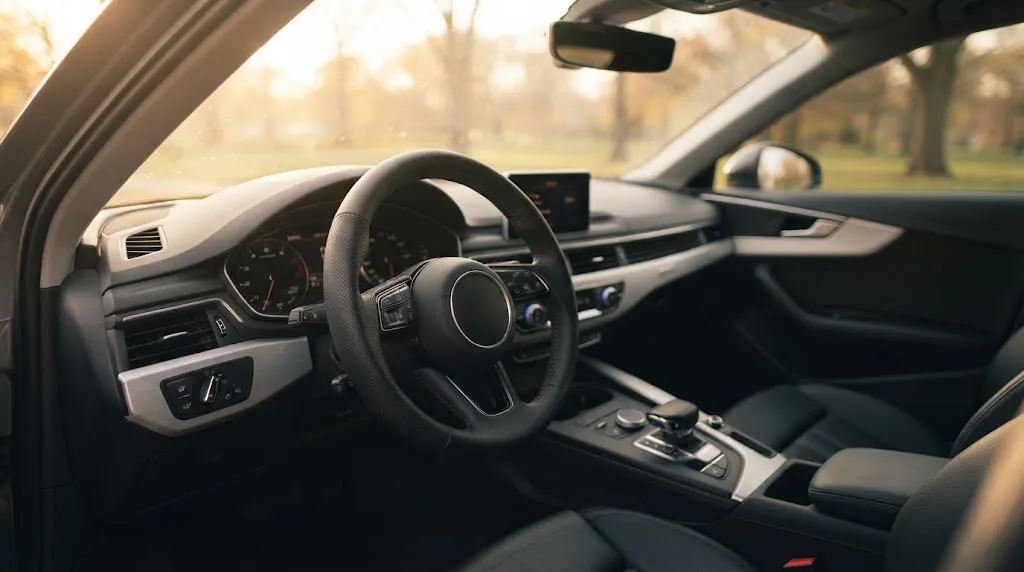 Stylish modern sedan interior bathed in warm golden hour light with a well-fitted steering wheel cover.