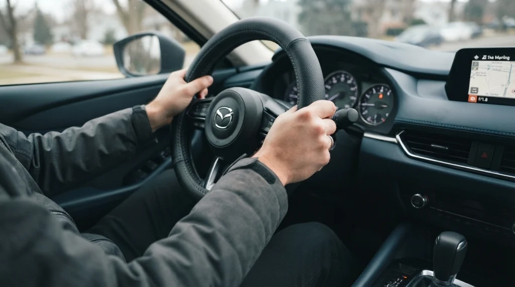 Hands gripping a thick leather steering wheel cover during a cold winter commute
