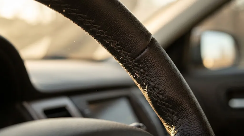 Macro view of durable stitched leather steering wheel cover texture.