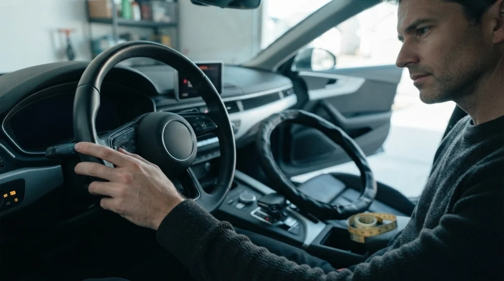 Driver examining an oversized steering wheel cover beside an uncovered heated steering wheel.