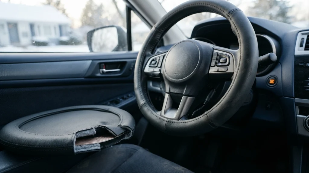 Close-up of a heated steering wheel cover showing textured fabric and a demonstration of its internal heating layer.