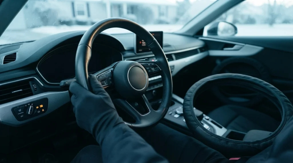 Heated steering wheel beside a thick cover, illustrating steering wheel cover compatibility concerns.