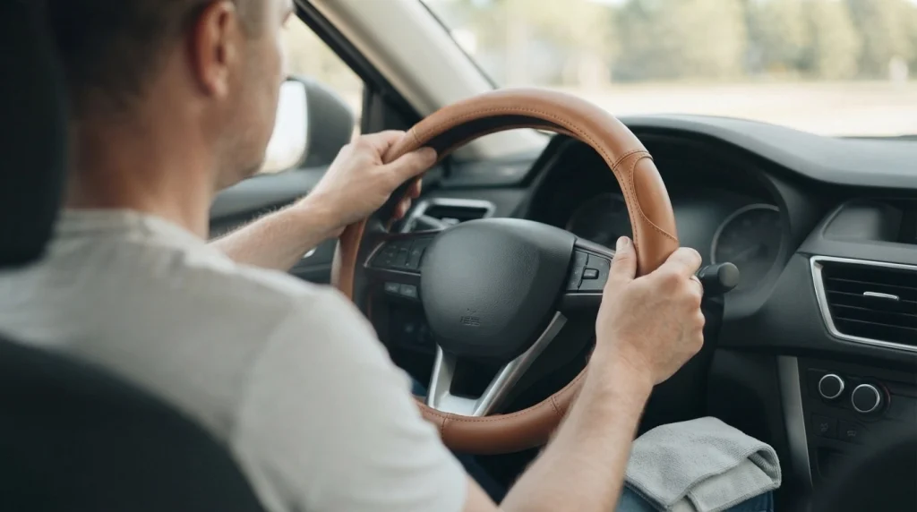 Hands fitting a snug ergonomic steering wheel cover onto a car steering wheel