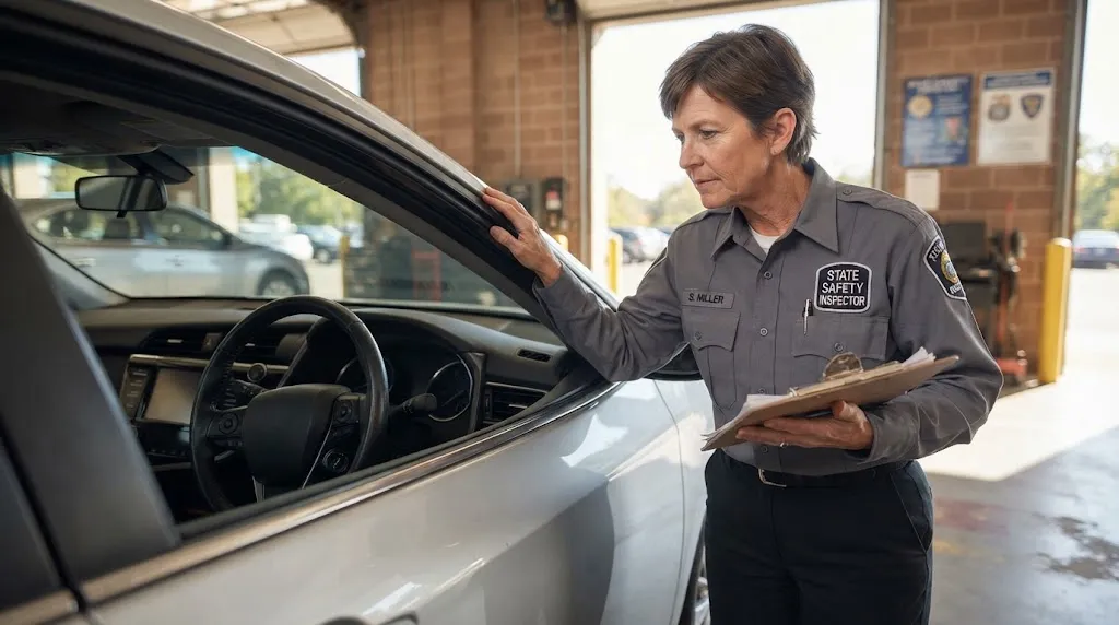 State safety inspector reviewing vehicle interior equipment and steering wheel condition.