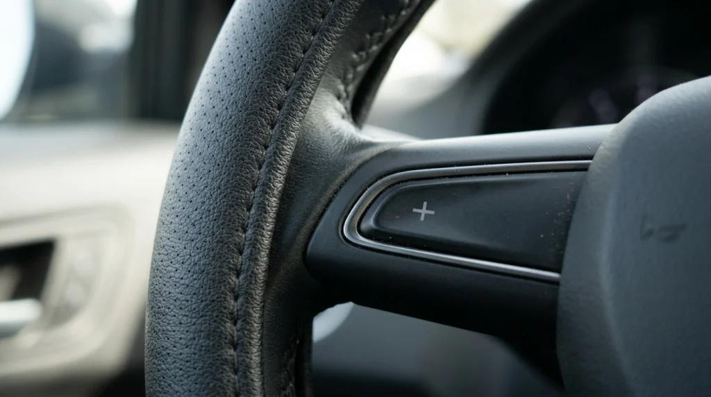 Macro view of steering wheel cover lip near control button.