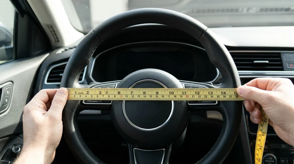 Close-up hands measuring steering wheel diameter with tape measure for proper cover fit.