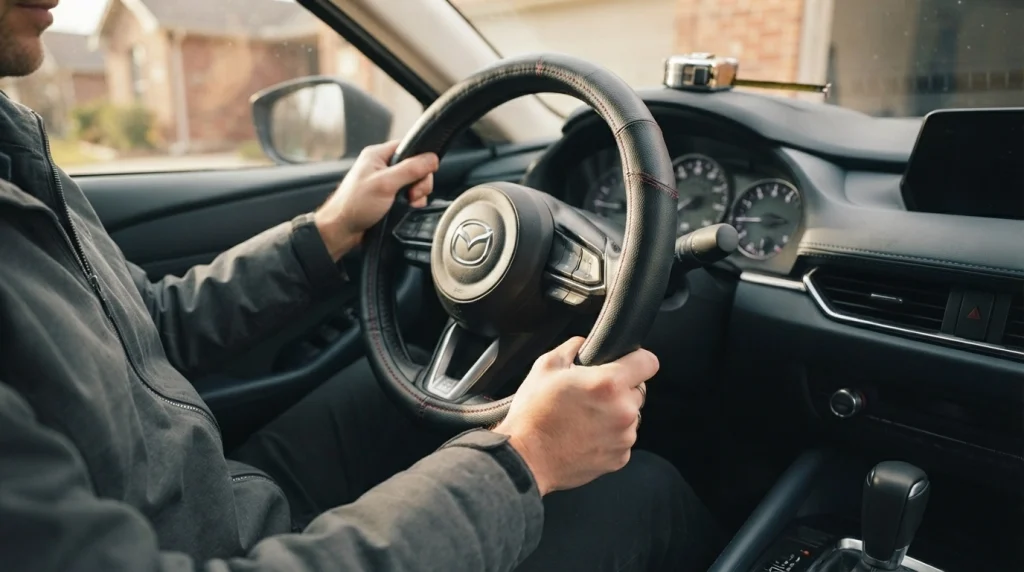 Driver fitting a thick steering wheel cover evenly onto a car steering wheel