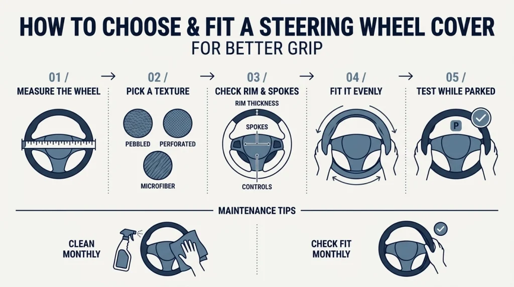 Five-step steering wheel cover fitting checklist with wheel measurement, texture selection, installation, and testing.