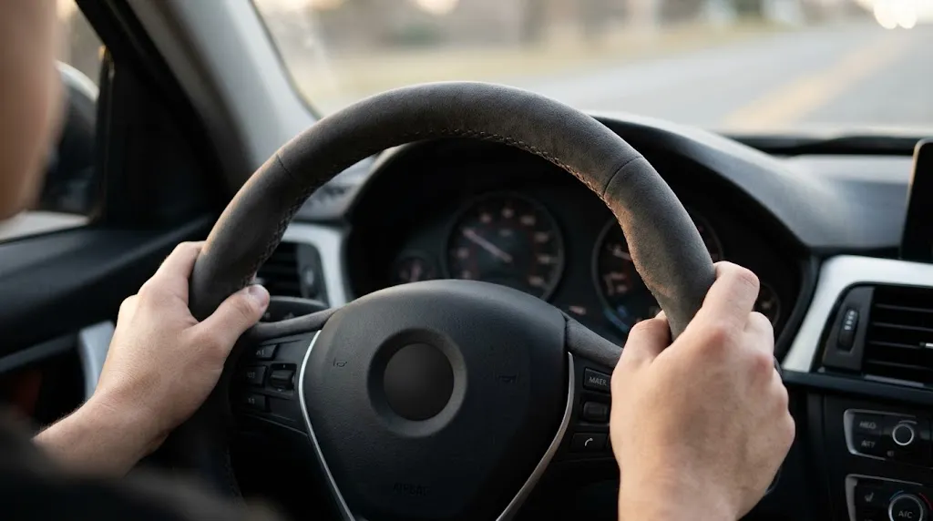 Driver hands on a steering wheel with a stitch-on cover.