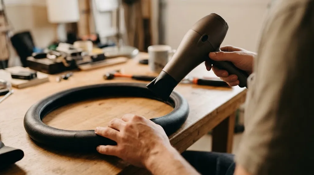 Warming a tight steering wheel cover with a hairdryer before installation