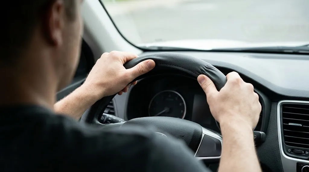 Hands installing a snug steering wheel cover following safety steps.
