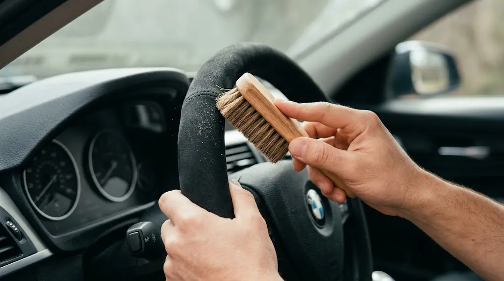 Hands using a soft brush to clean a suede steering wheel cover.