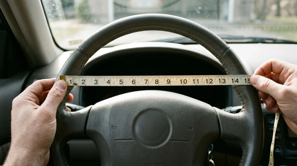 Measuring car steering wheel rim thickness with tape measure.