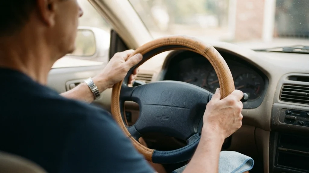 Hands pulling a snug breathable steering wheel cover onto a car steering wheel