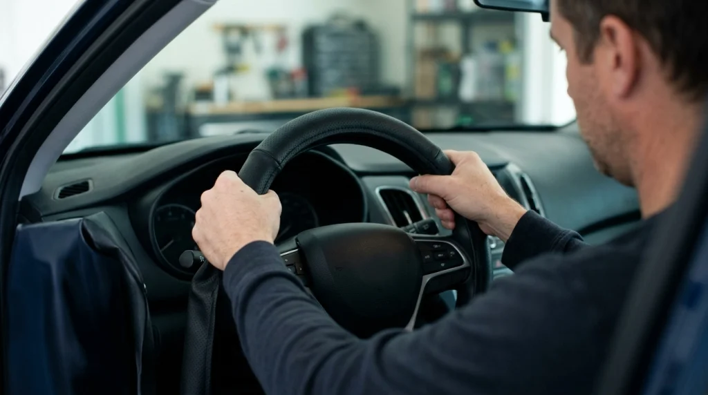 Driver carefully stretching a black steering wheel cover around the rim from the top downward.