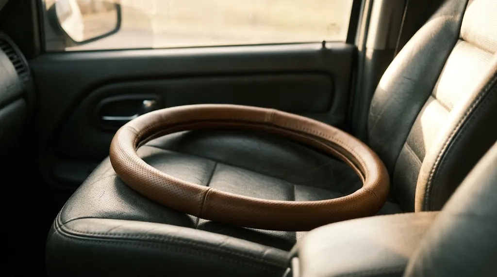 Leather steering wheel cover warming on a sunlit car seat before installation.